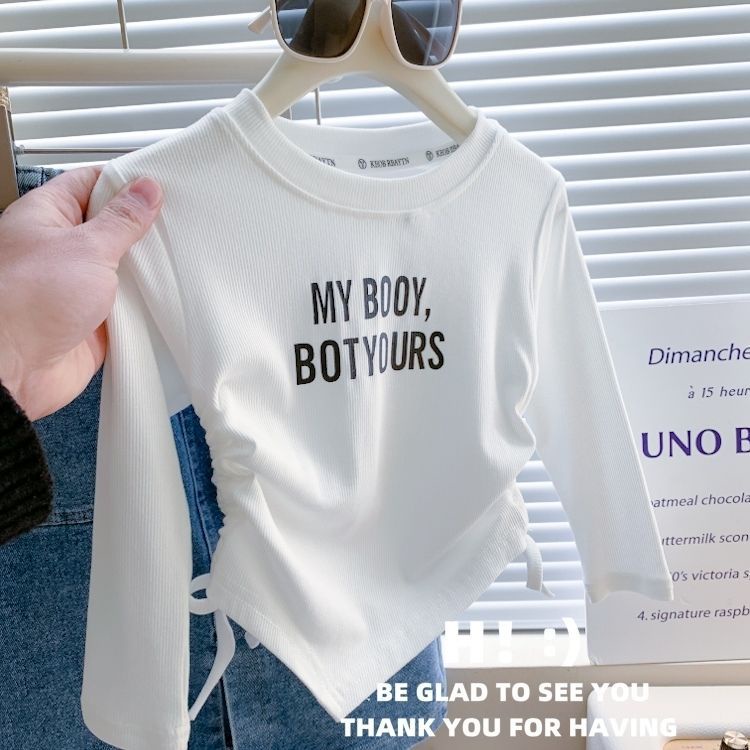 Thời Trang Áo Thun Tay Dài Co Giãn In Chữ Hai Mặt Phối Dây Rút Phong Cách Hàn Quốc Xuân Thu 2024 Cho Nữ