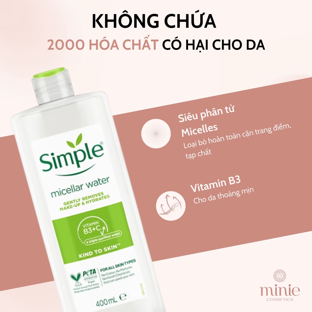 Nước Tẩy Trang Simple Làm Sạch Trang Điểm Kind To Skin Micellar Cleansing Water 200-400ml