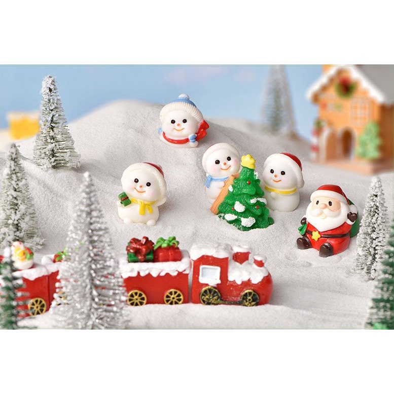 Mô hình người tuyết, ông già Noel, tàu hoả đỏ, tuần lộc, xe kéo trang trí tiểu cảnh giáng sinh, terrarium christmas