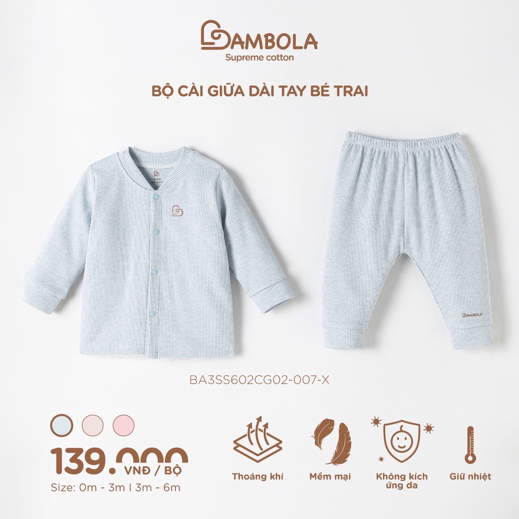 BAMBOLA Bộ áo quần dày tay BAMBOLA cài cúc chéo/ cúc giữa chất liệu cotton nu petit cao cấp cho bé yêu từ 0 - 6 tháng