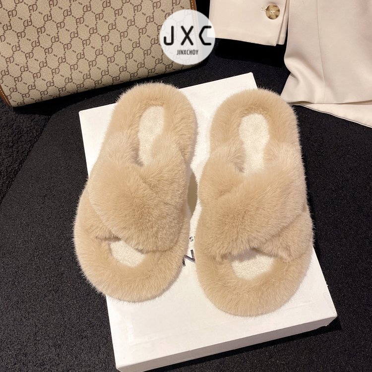 JINxCHOYDép Lông Xù Mũi Tròn Quai Chéo Màu Trơn Dễ Thương Hợp Thời Trang Hè