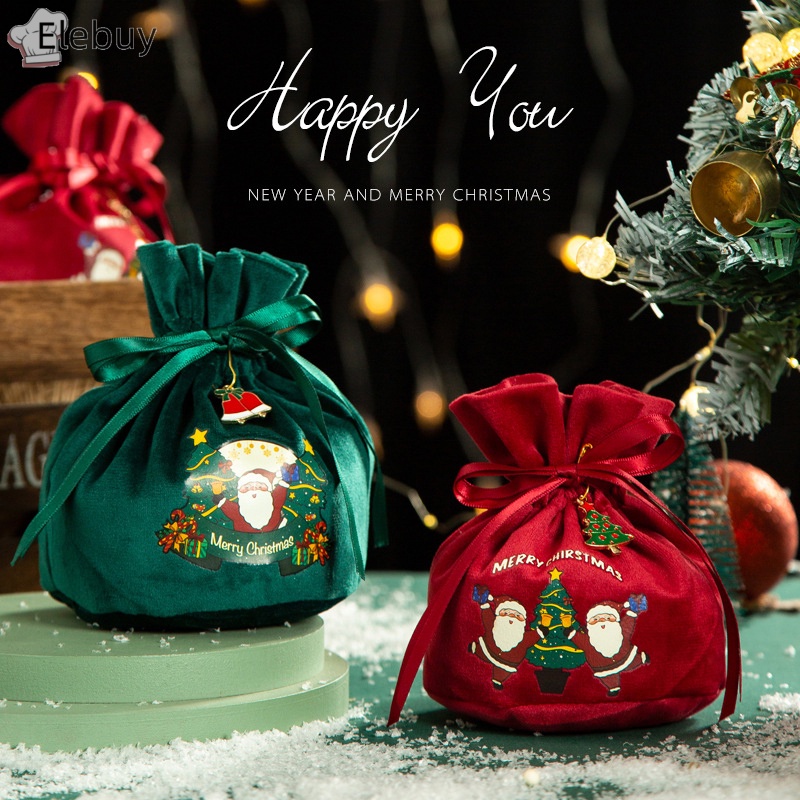 Túi Nhung Dây Rút Đựng Quà Giáng Sinh / Năm Mới Có Tay Cầm Hình Ông Già Noel
