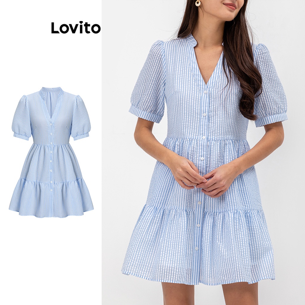 Đầm Lovito tay phồng xếp nếp kẻ sọc thường ngày cho nữ L62ED137 (màu xanh dương)