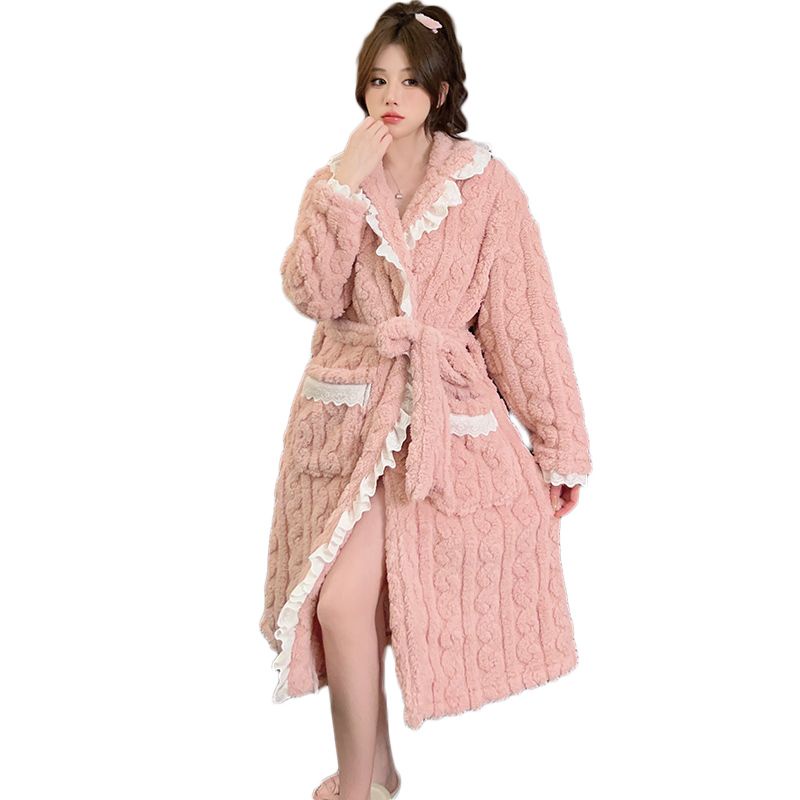 Áo Choàng Ngủ Vải Lông Cừu San Hô Dày Dặn plus size Thời Trang Thu Đông Cho Nữ