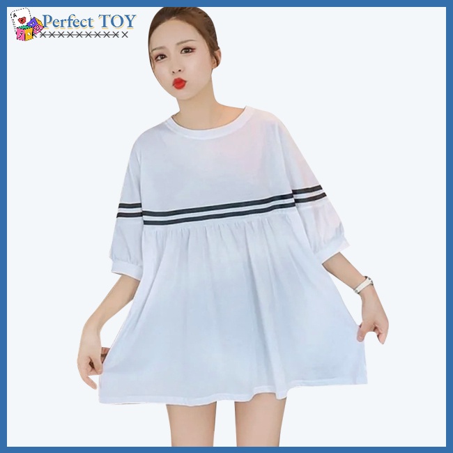 Sf Đầm Thun Ngắn Tay Dáng Rộng Họa Tiết Kẻ Sọc Màu Tương Phản Thời Trang Cho Mẹ Bầu