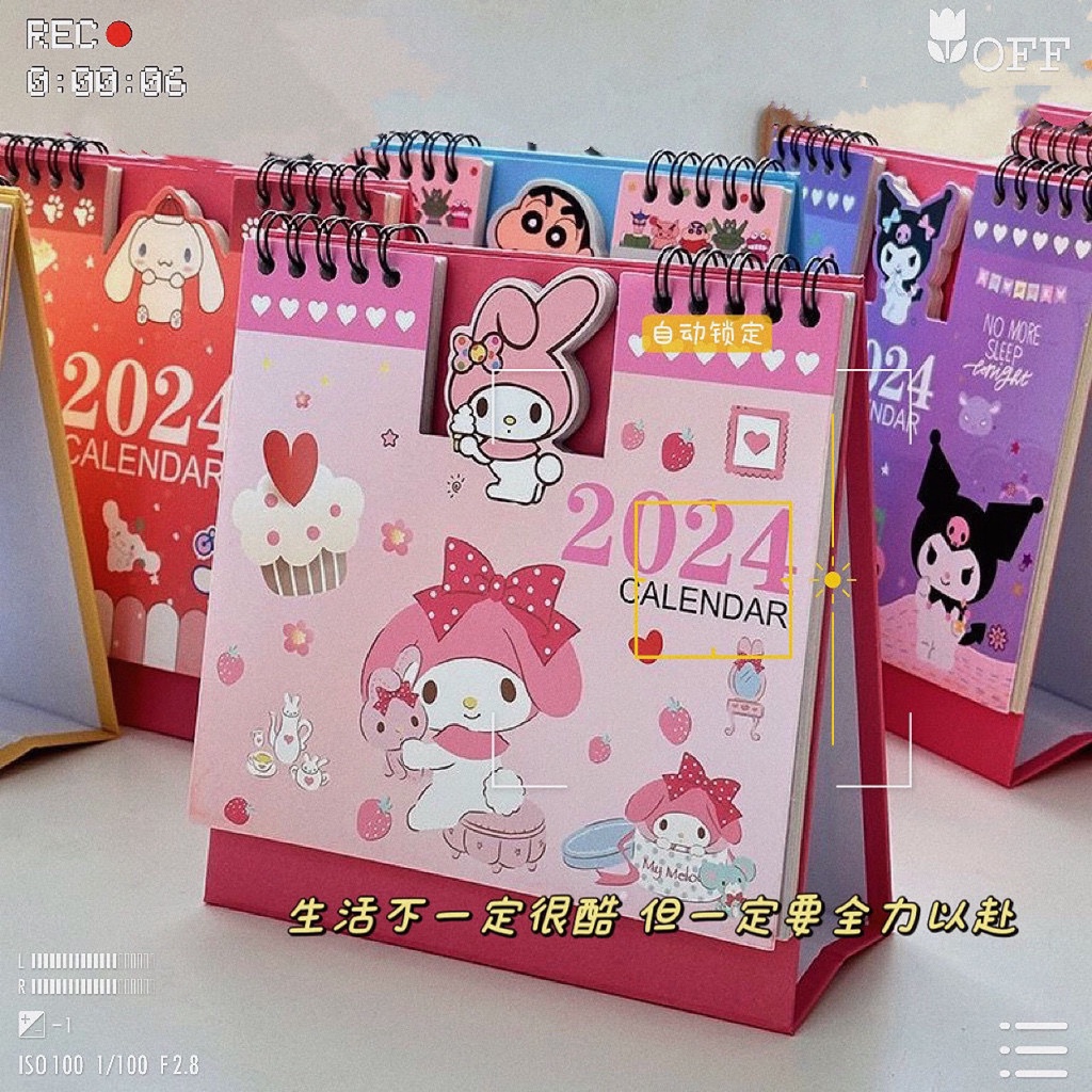 SANRIO Bút Chì Màu Dễ Thương Shin-chan Kuromi Cinnamoroll Họa Tiết Hoạt Hình Lịch Để Bàn 2024 Hàng Ngày Lịch Hàng Tháng Đồ Trang Trí Để Bàn Món Quà Dễ Thương -top3C01