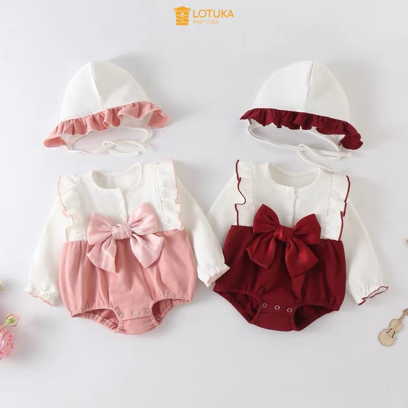 Body Yếm Tiểu Thư Đính Nơ Lót Lông Nhung Ấm Áp Cho Bé, Bodysuit LOTUKA Cho Bé Gái, Quần Áo Trẻ Em Size 3-12kg