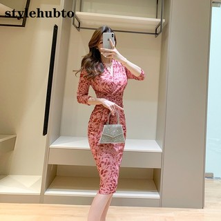 Đầm Ôm Cổ v Dài Tay Phối Lưới Thời Trang Mùa Thu Cao Cấp stylehubto 1805 # 2023