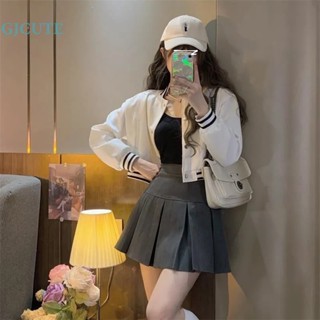 Gjcute Crop Top Áo Khoác Bóng Chày Tay Dài Cổ Đứng Một Hàng Nút Cài Cho Nữ Wd