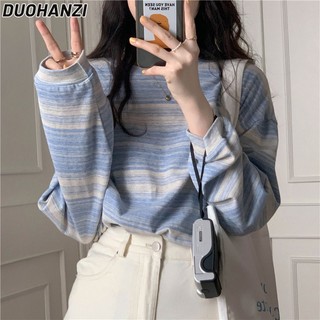 Áo Thun Dài Tay Cổ Tròn Họa Tiết Kẻ Sọc Thời Trang Thu Đông Cho Nữ