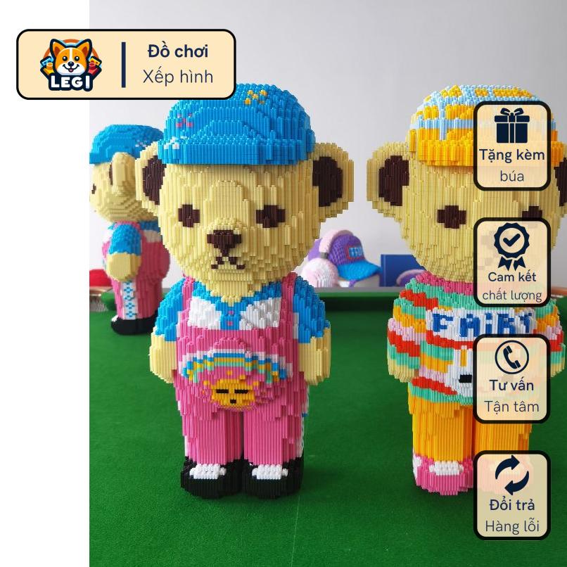 46CM Lắp ráp mô hình Lego Gấu Teddy áo yếm hồng cute Bearbrick Xian Zhi, Gấu teddy đeo tai nghe cỡ lớn Tặng Kèm Búa LEGI