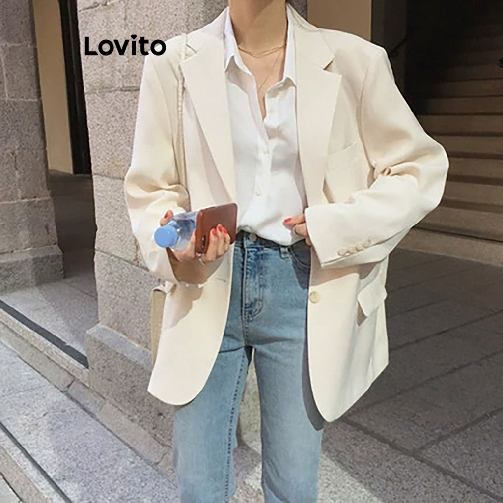 Áo blazer Lovito trơn phối túi có nút phong cách thường ngày cho nữ LNA36107 (trắng nhạt)
