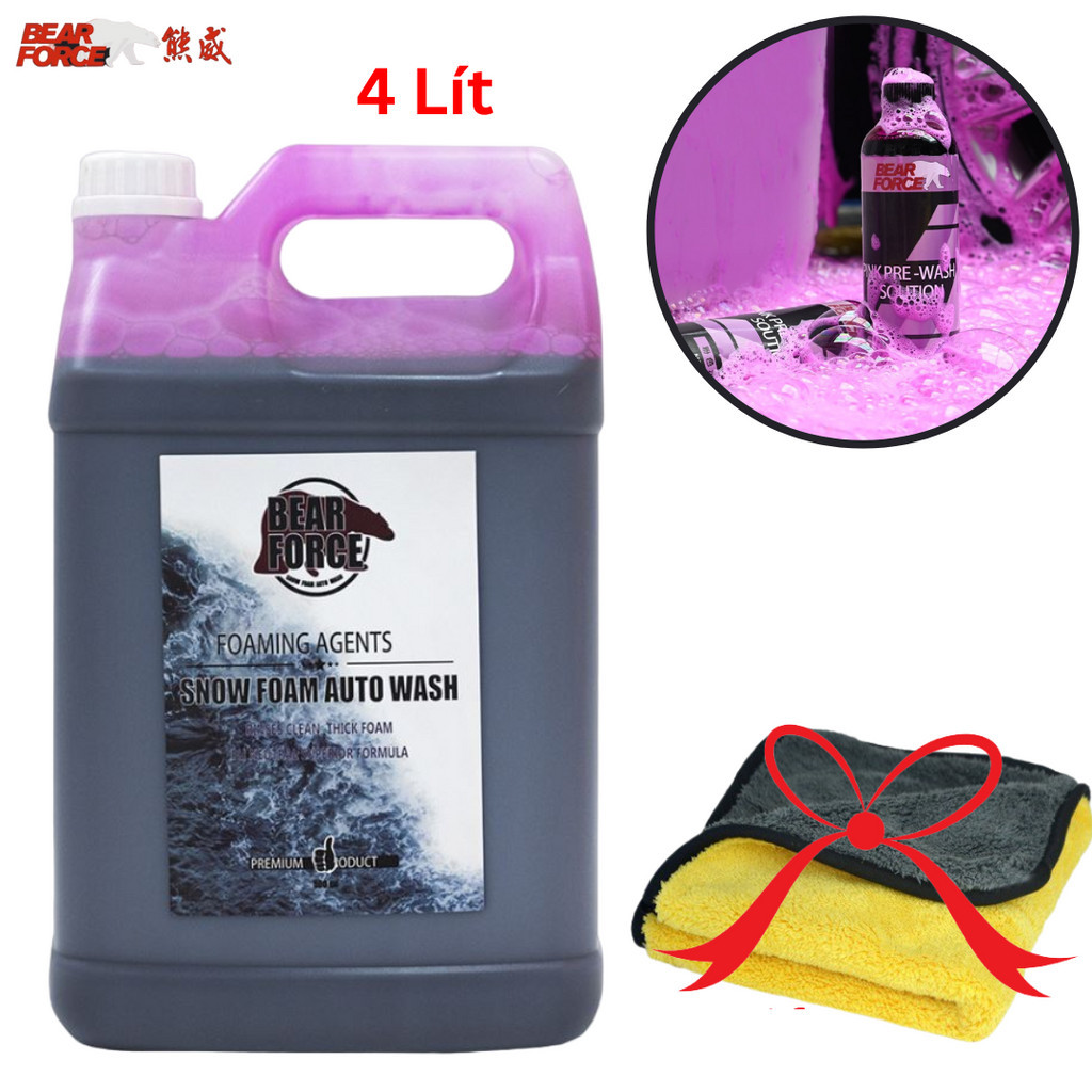 Nước Rửa Xe Bọt Tuyết Màu Hồng BearForce 4 lít Đậm Đặc Tỷ Lệ Pha Cao 1-400 Tặng Khăn
