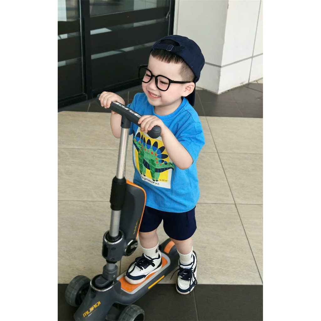 BN100-Bộ áo cotton côc tay KHỦNG LONG VÂY xanh đen mix quần cua bé trai MAi linh KID 2