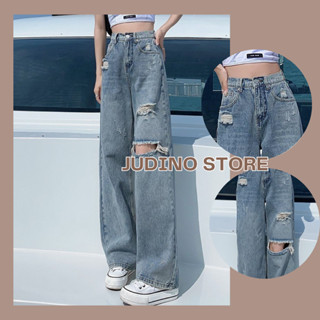 Quần Bò ống đứng dạng rách, quần Ống Rộng Thiết Kế Ống Đứng Thon Gọn Rộng Rãi Cạp Cao Mỏng Mẫu Mới JUDINO SHOP