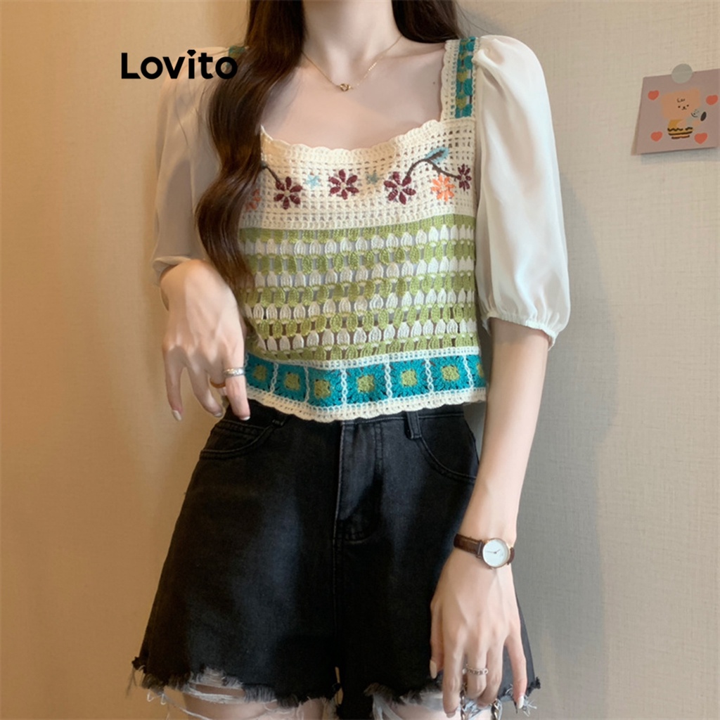 Lovito Áo dệt kim hoa cơ bản thường ngày cho nữ LNE21135 (Cà phê/Xanh)
