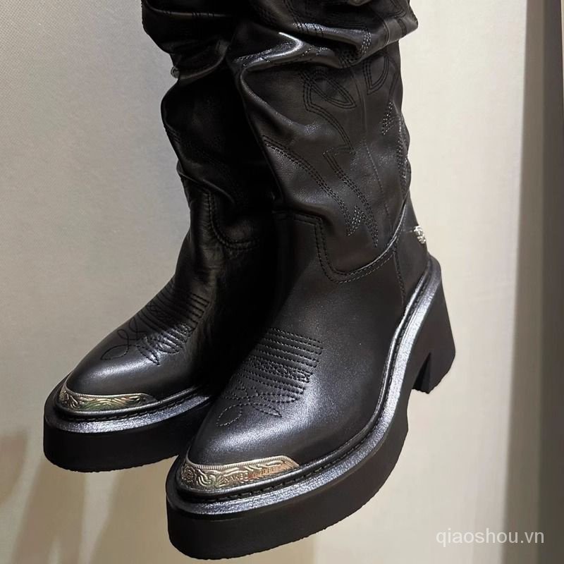 Giày Bốt Cao Bồi Mũi Nhọn Màu Đen Thời Trang Mùa Thu 2023