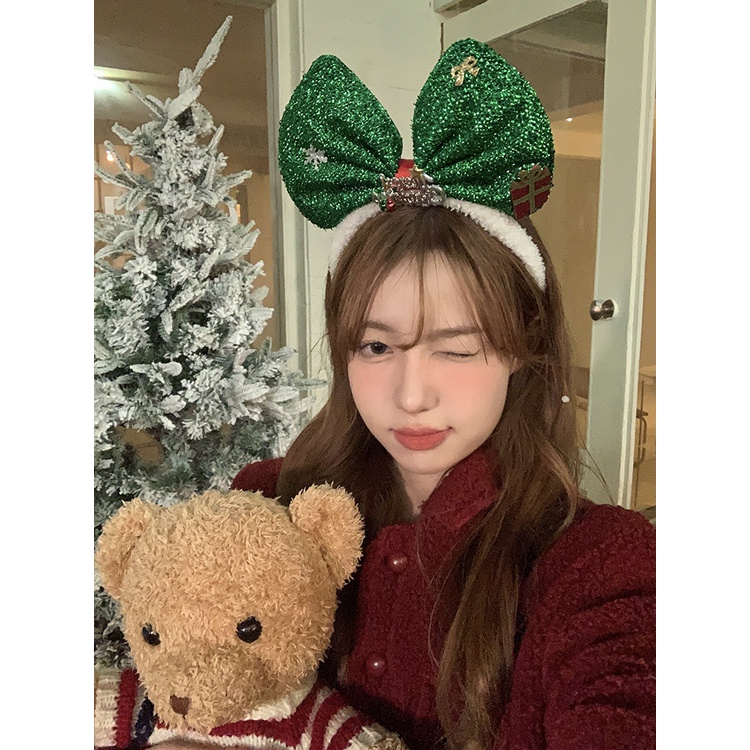 Băng Đô Cài Tóc Đính Nơ To Bằng Vải Lông Trang Trí Tiệc Giáng Sinh Dành Cho Bạn Nữ