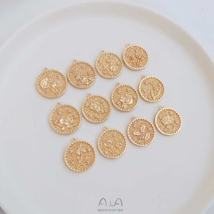 Mặt Dây Chuyền Tròn Bằng Đồng Mạ Vàng 14K In Hình Hoa Thời Trang