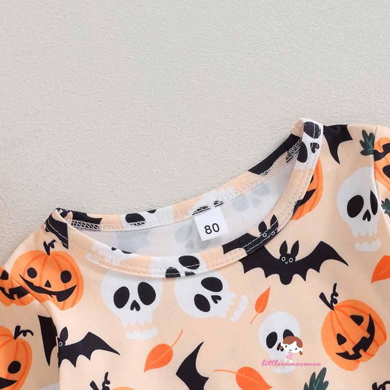 Đầm Xòe Tay Dài In Hình Quả Bí Ngô / Dơi / Đầu Lâu Phối Lưới Đính Nơ Thời Trang halloween Cho Bé Gái