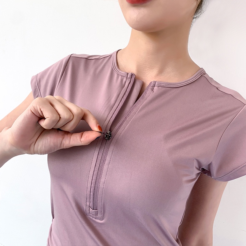 Áo Thun Thể Thao Tay Ngắn Có Khóa Kéo Chất Liệu Co Giãn Khô Thoáng Nhanh Thời Trang Cho Nữ