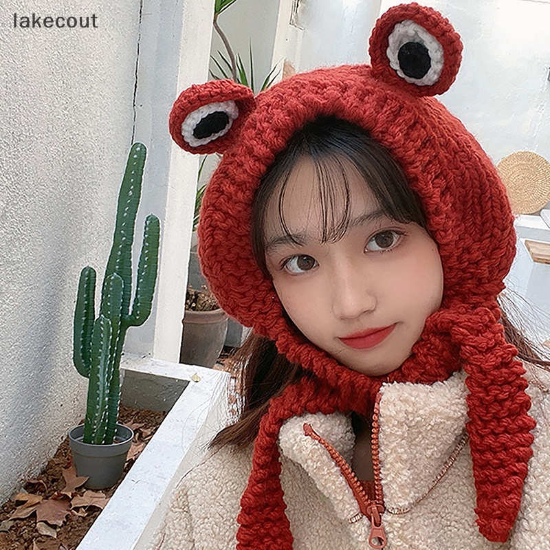 Lat Mũ beanie Dệt Kim Đính Chú Ếch Mắt To Màu Xanh Lá Cây Giữ Ấm Che Tai Thời Trang hye