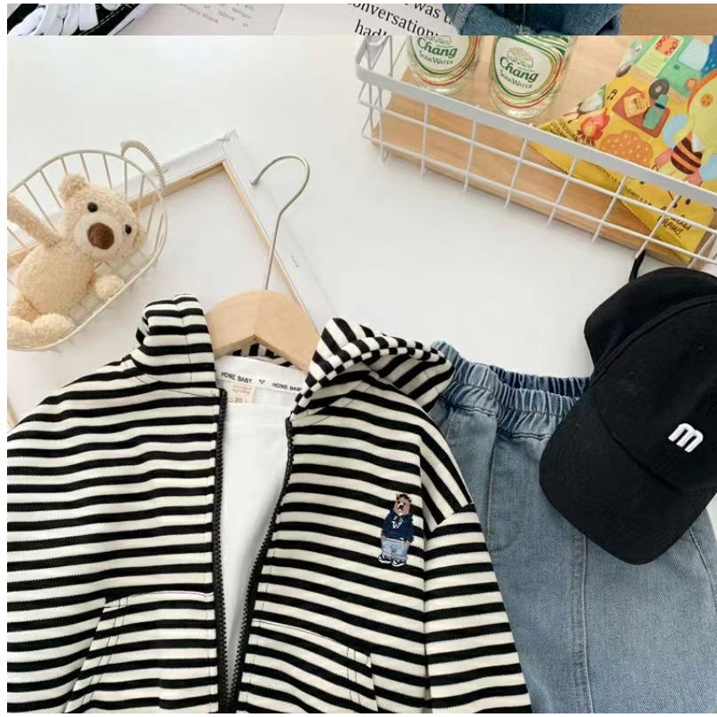Áo Khoác Có Nón Phối Khóa Kéo Họa Tiết Kẻ Sọc Trắng Đen 80-140cm Phong Cách Hàn Quốc Thời Trang Mùa Thu Cho Bé