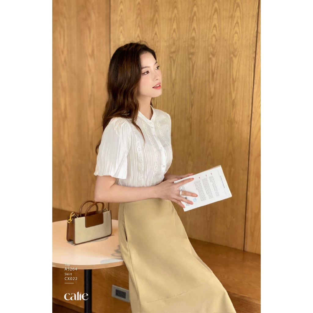 Áo sơ mi nữ cổ tàu phối ren tay bo CALIE AS264
