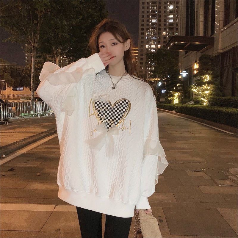 Uiowoo Áo Khoác sweater Tay Dài Dáng Rộng In Hình Trái Tim Phong Cách retro Thu Đông 2021 Cho Nữ