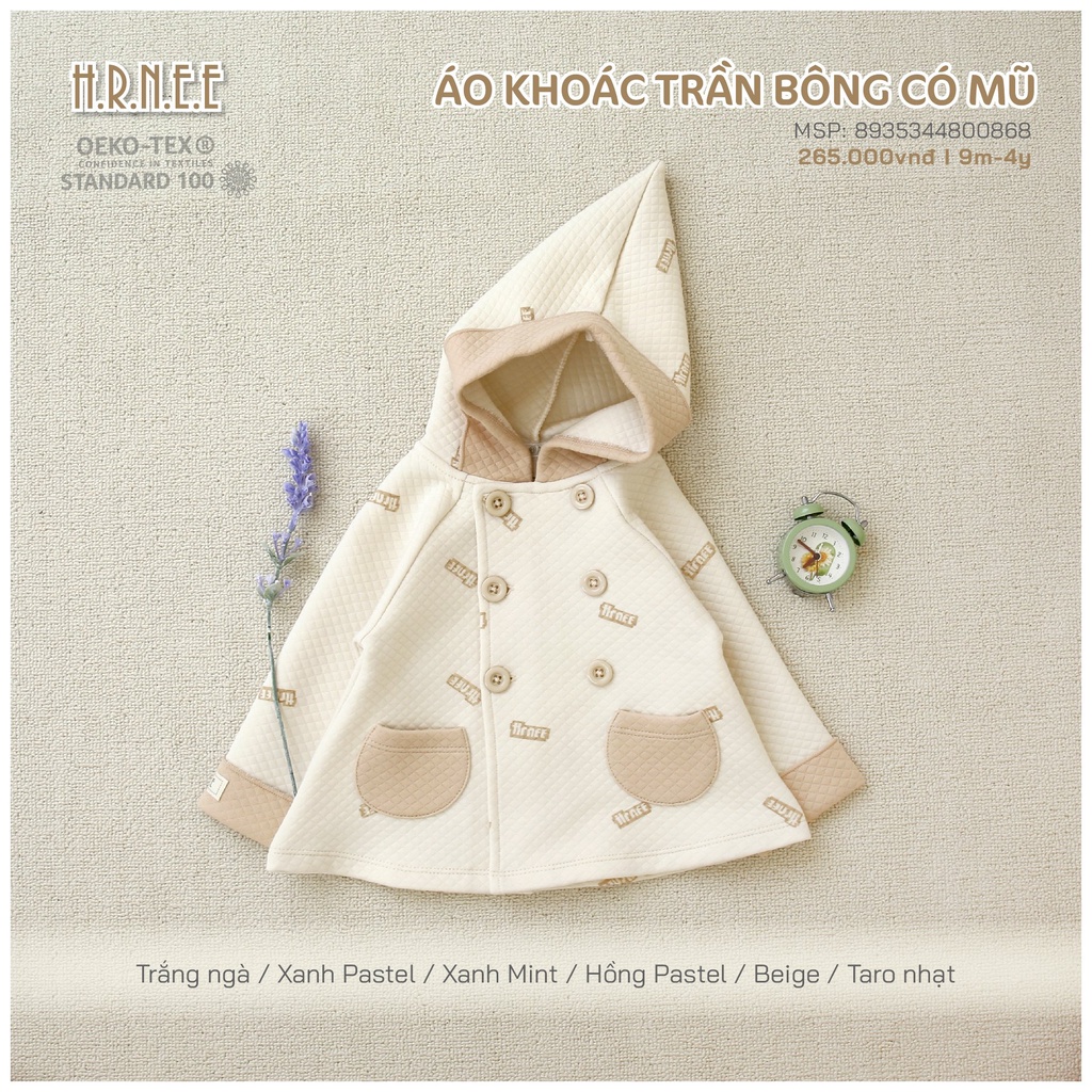 H.R.N.E.E - Áo khoác trần bông có mũ cho bé trai , bé gái
