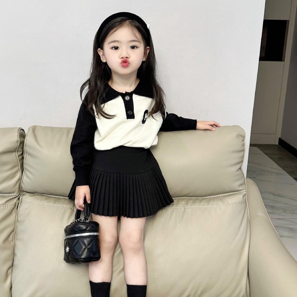 Bộ Áo Cổ Gập Chân Váy Xếp Ly cho bé Gái Phù hơp mùa thu