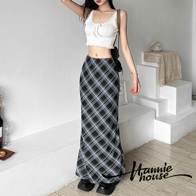 Chân Váy Lưng Cao Họa Tiết Sọc Caro Phong Cách vintage