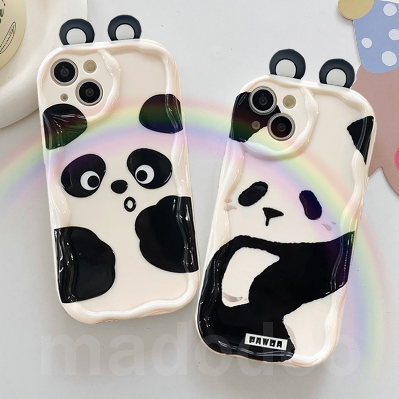 Cute 3D Ear BFF Casing Redmi Note 13 Pro+ 12S 4G 12 Pro Plus 5G 13C 12C A1 A2 11S 11 10C 10 9T 9C 9A POCO X5 Black White simple Cartoon Panda Wavy Cream Edge Full Fine Hole Anti-fall Soft Phone Case NY 54