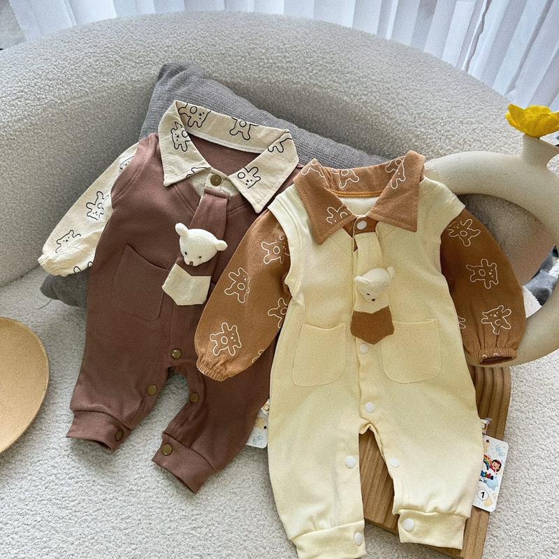 Body Liền Quần CARAVAT GẤU Nâu và Kem Chất Zip Hàn Cho Bé Trai Sơ Sinh Mặc Thu Đông