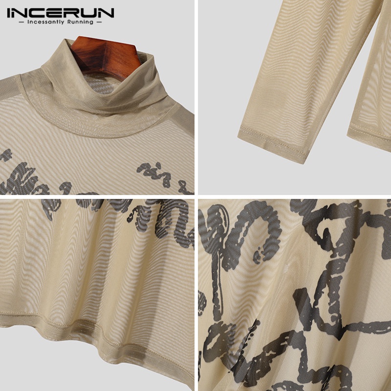 Incerun Áo Thun Nam Tay Dài Cổ Cao Phối Lưới Màu Sắc vintage Nhìn Xuyên Thấu In Chữ Tiếng Anh