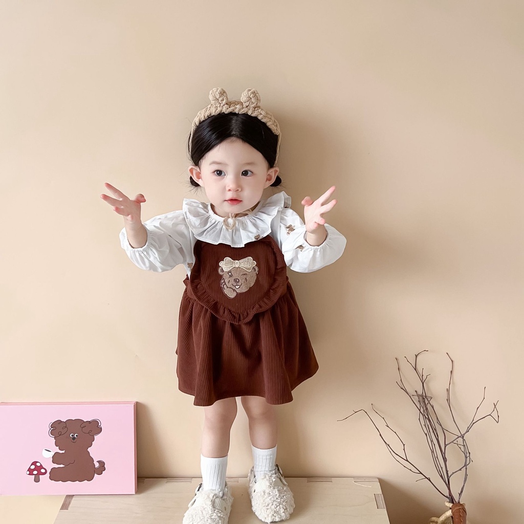 Bộ Áo Cổ Ren In Hoạt Hình + Chân Váy Yếm Xinh Xắn Thời Trang Cho Bé Gái