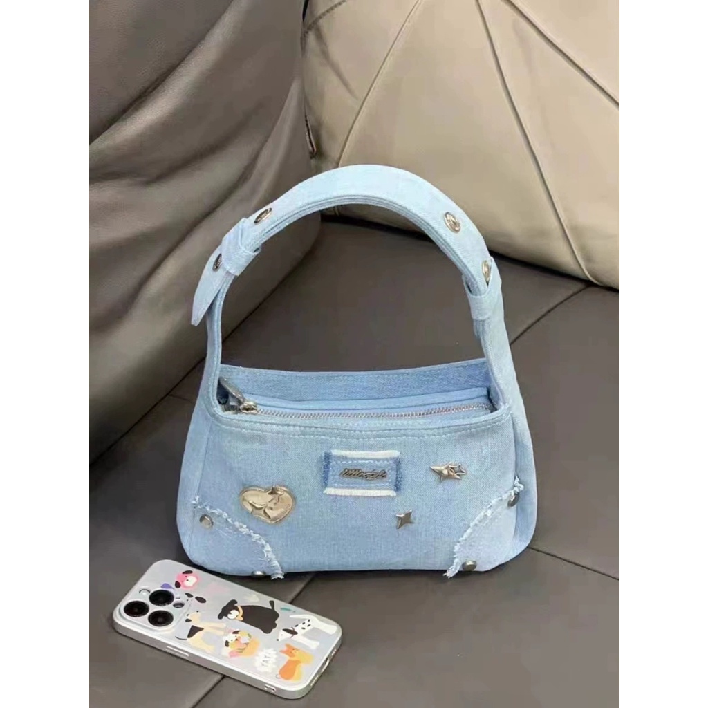 Shi chen Túi Xách tote denim Thời Trang Cổ Điển Hình Ngôi Sao Kim Loại Thiết Kế Đơn Giản Phong Cách niche Và Đa Năng Cho Nữ