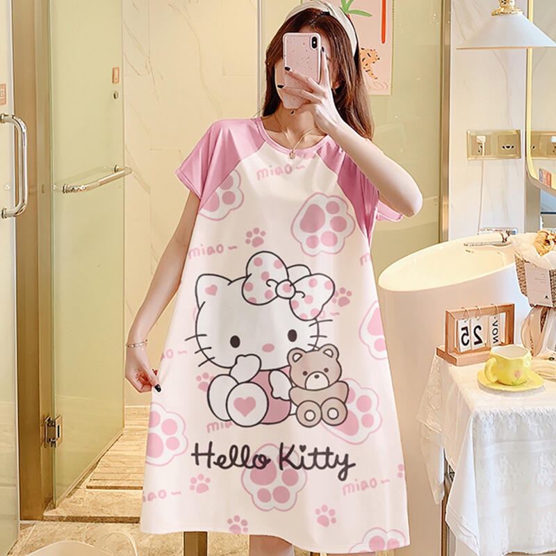 Kuromi Đầm Ngủ Ngắn Tay Dáng Rộng In Họa Tiết Hoạt Hình Dễ Thương Thời Trang Mùa Hè Cho Nữ