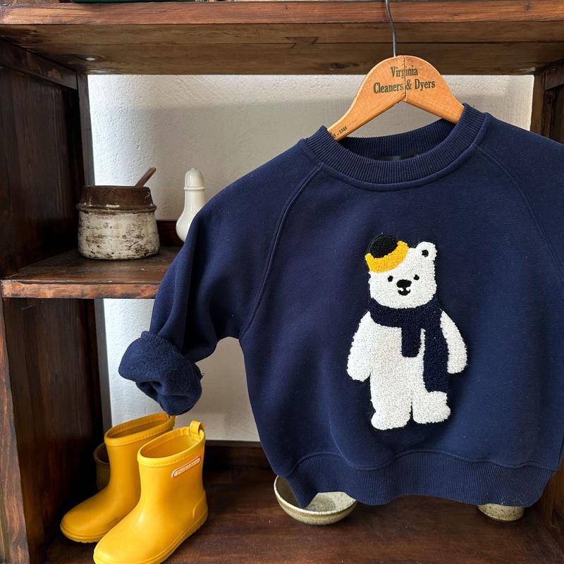 Áo nỉ nhung dài tay cổ tròn thu đông 2023 cho bé trai và bé gái thêu hình gấu 3D