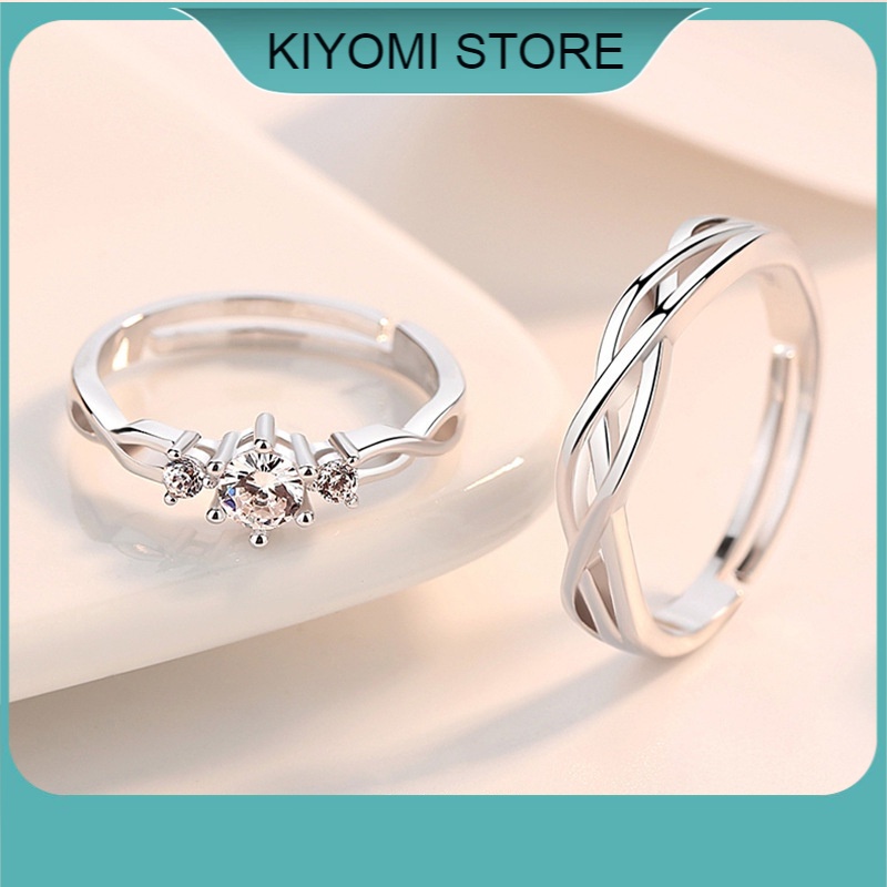 Nhẫn Đính Hôn Bạc Đính Đá Lấp Lánh Dành Cho Cặp Đôi Điều Chỉnh Kích Thước Theo Ngón Tay