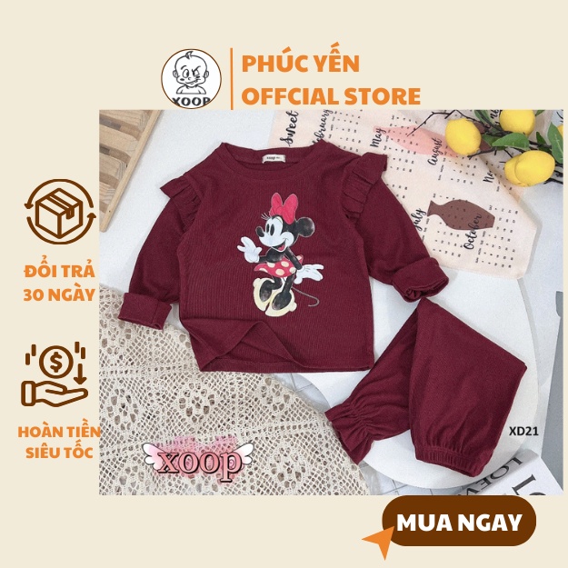 Đồ Bộ dài tay XOOP gân tăm lụa chạy viền bèo in họa tiết cho bé gái  XD21,Bộ thời trang Shop Phúc Yến