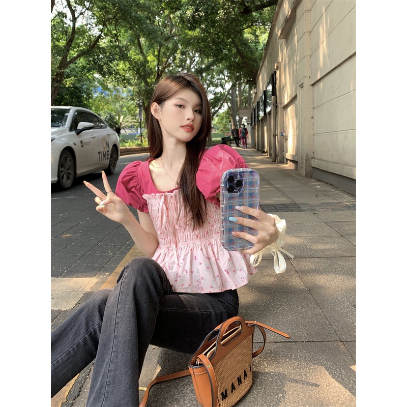 Áo Kiểu Tay Phồng Ngắn Ôm Eo Màu Sắc Tương Phản Ngọt Ngào Thời Trang Cho Nữ