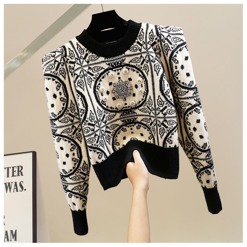 Áo sweater Tay Dài Chui Đầu Đính Hạt Kim Cương Thủ Công Dáng Ngắn Thiết Kế Sang Trọng Đơn Giản