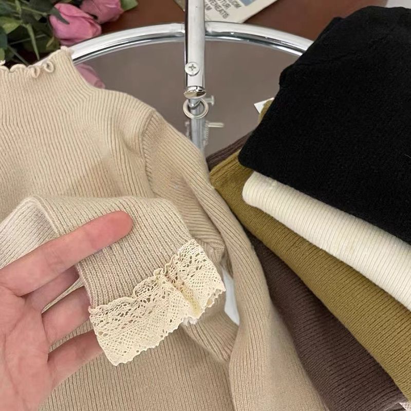 Áo Dệt Kim Tay Dài Cổ Cao Phối Ren Thời Trang Mùa Thu Mới 2023 Cho Bé Gái