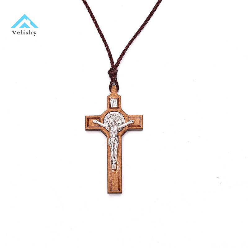 Velish Vòng cổ Mặt Gỗ Hình Thánh Giá Phong Cách retro