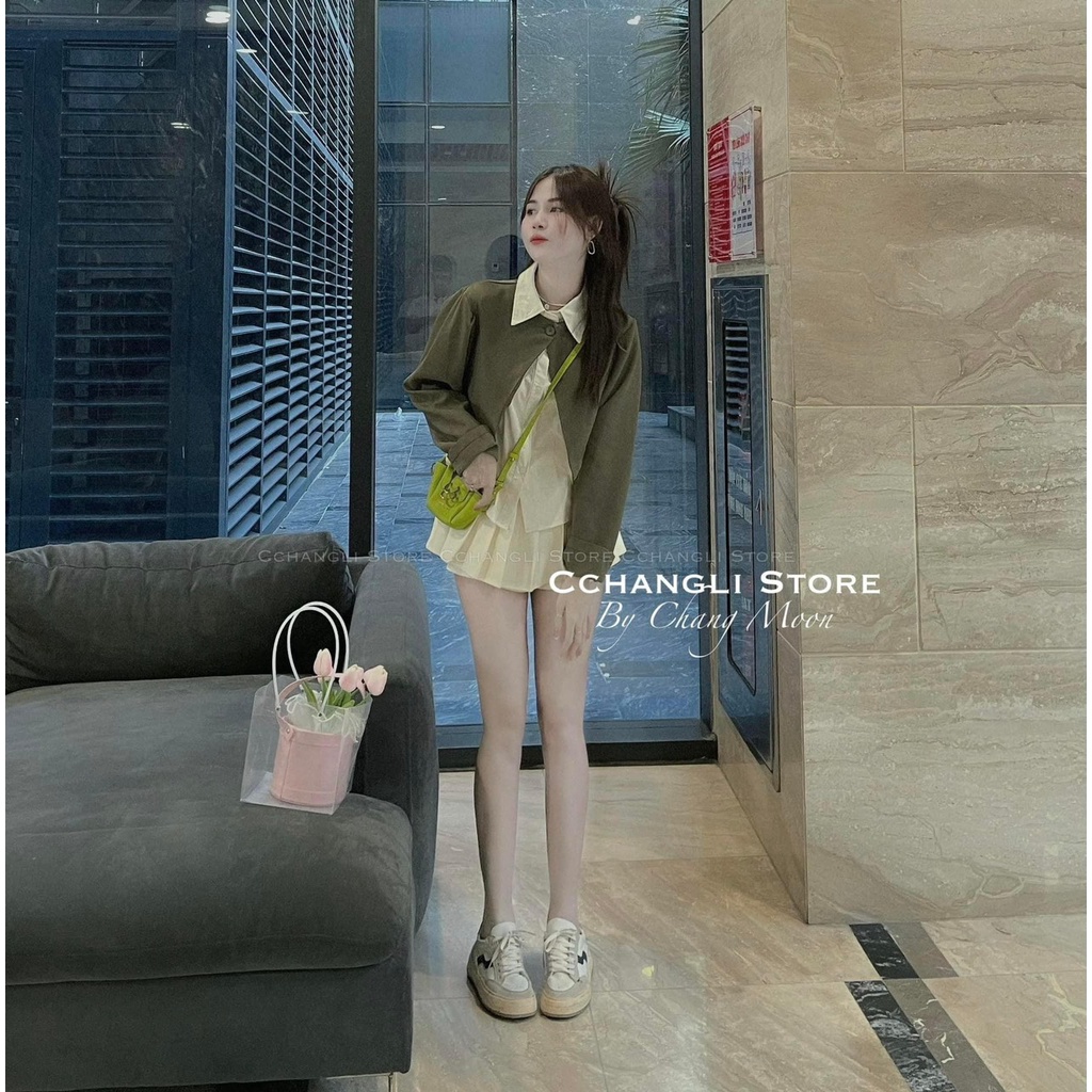 Set 3 món khoác croptop rêu +sơmi sát nách +chân váy xếp ly kem