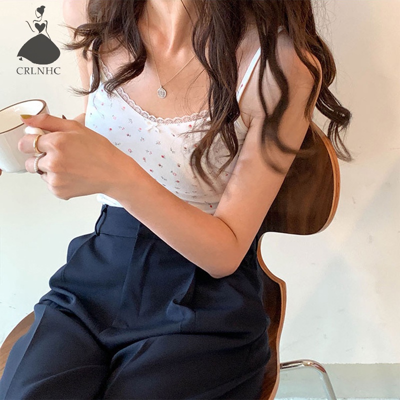 CRLNHC Áo Hai Dây Phối Ren Hoa Ngọt Ngào Thời Trang Mùa Hè Cho Nữ
