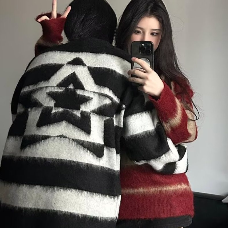 Áo sweater Dệt Kim Kẻ Sọc Ngôi Sao Thời Trang Hàn Quốc Dành Cho Cặp Đôi