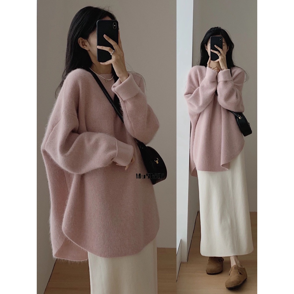 Áo sweater Chui Đầu Xẻ Tà Dài Vừa Phong Cách mushiqi Nhật Bản Cổ Điển Hàng Mới Dành Cho Bạn Nữ