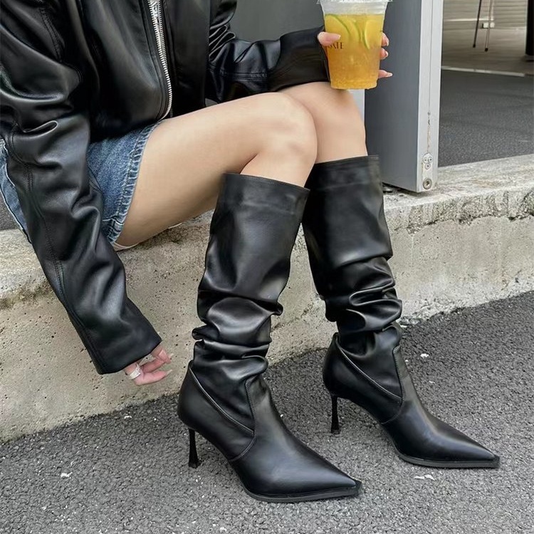 Giày Bốt Cao Gót Da pu Mũi Nhọn Màu Trơn Thời Trang Cao Cấp